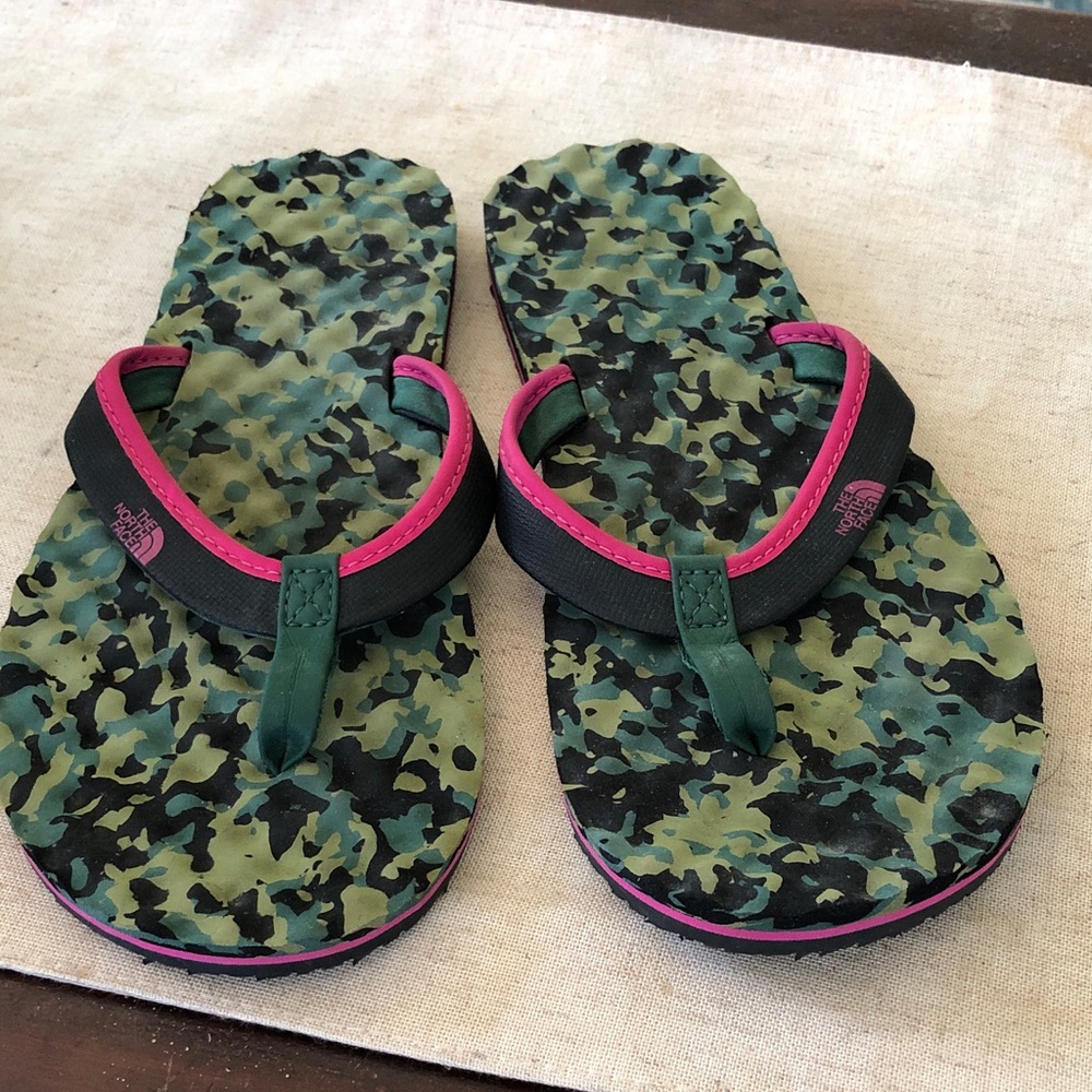 The North Face Green Camo Flip Flops with Pink Trim